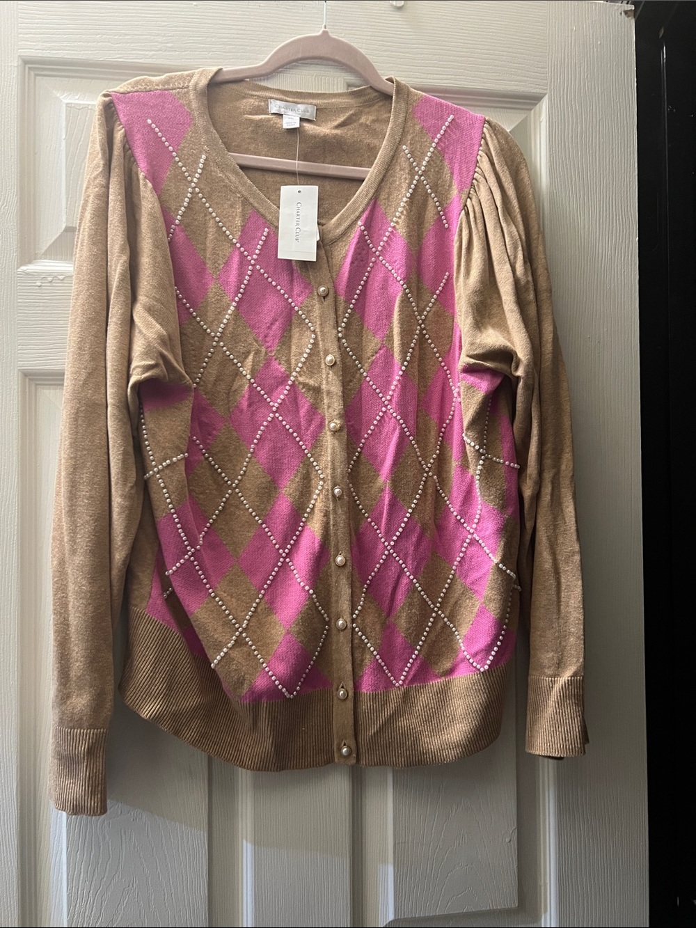 Women’s Charter Club Pink & Tan Argyle Pearl-Button Cardigan